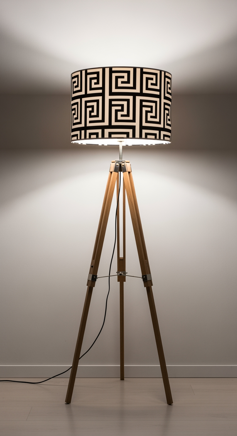 Un lampadaire trépied en bois avec un grand abat-jour à motif géométrique, apportant une touche de design moderne.