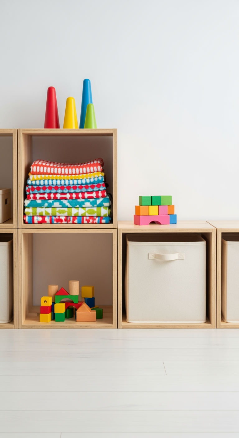 Un meuble de rangement modulaire bas avec des cubes contenant des jouets en bois et des bacs, organisant un couloir familial.