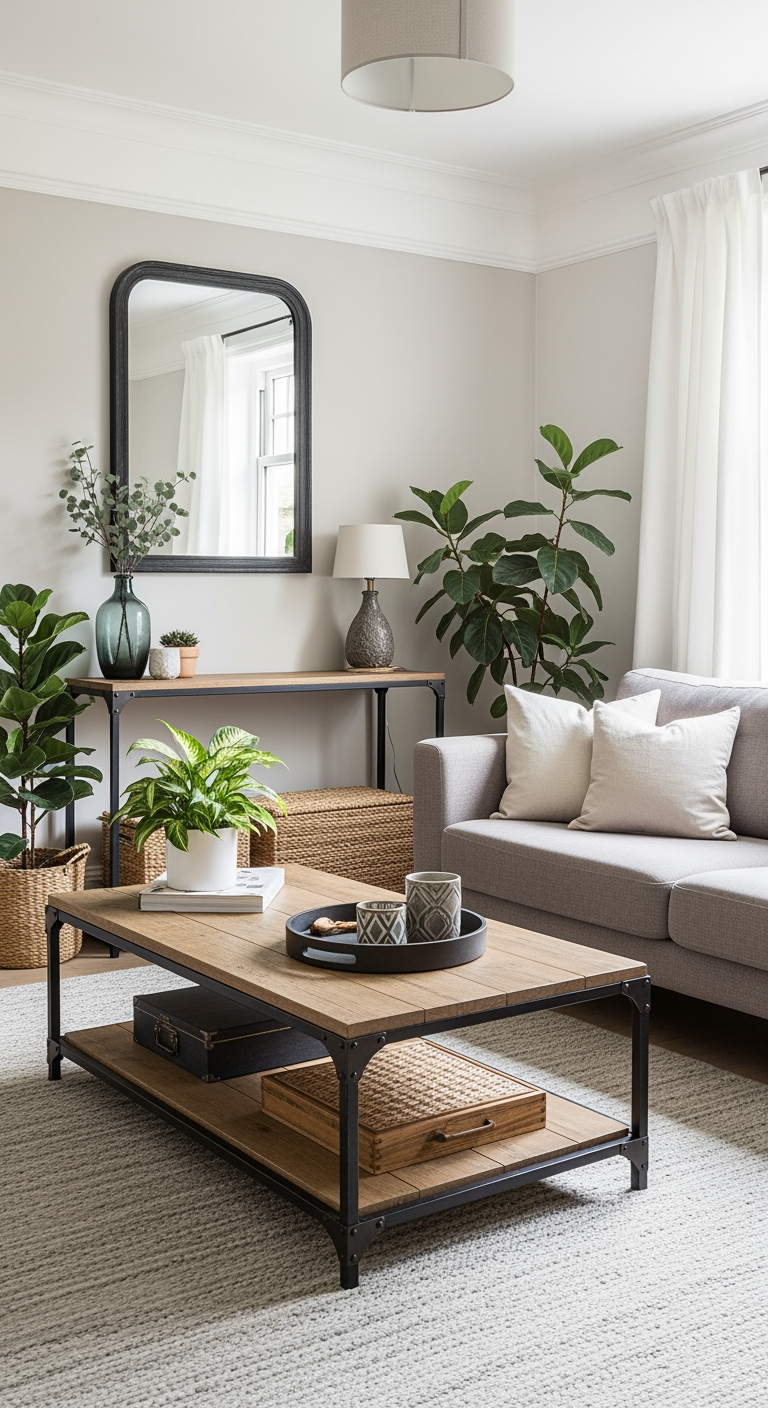 Un salon transformé avec plusieurs meubles industriels DIY intégrés dans un décor moderne et chaleureux.