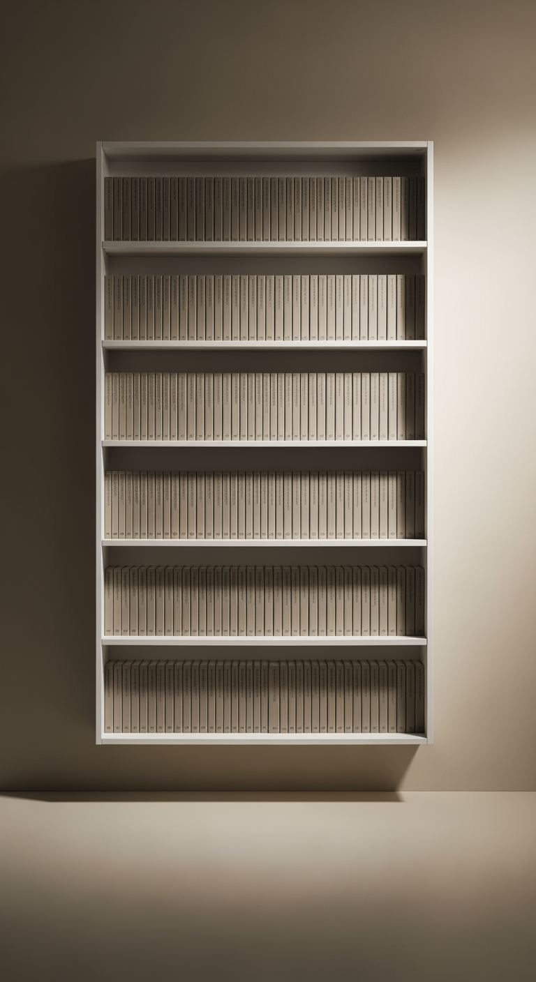 Une bibliothèque murale blanche, très fine et haute, remplie de livres aux dos unis, optimisant l'espace vertical d'un couloir.