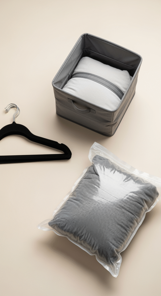 Une sélection de produits de rangement : cintres fins, boîte en tissu et housse de rangement sous vide, présentés à plat.