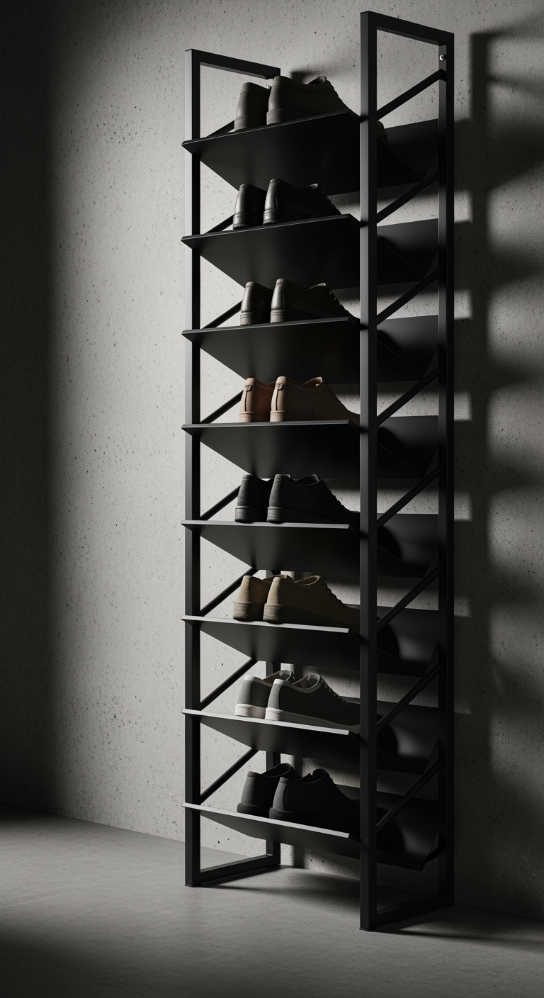 Une solution de rangement à chaussures verticale en métal noir, montrant comment empiler les paires pour optimiser un espace étroit.