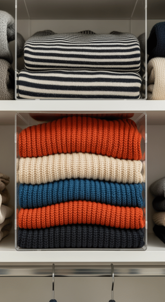 Vue de dessus de séparateurs d'étagère en acrylique créant des compartiments ordonnés pour des pulls pliés dans une penderie.