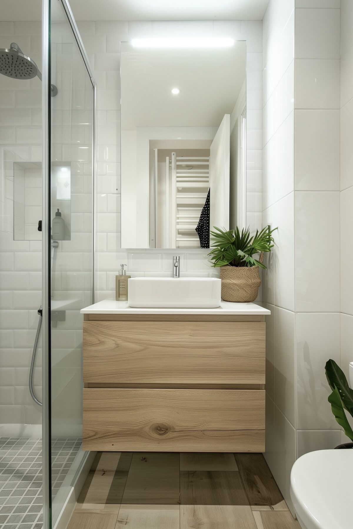 agencement petite salle de douche bois blanche compacte