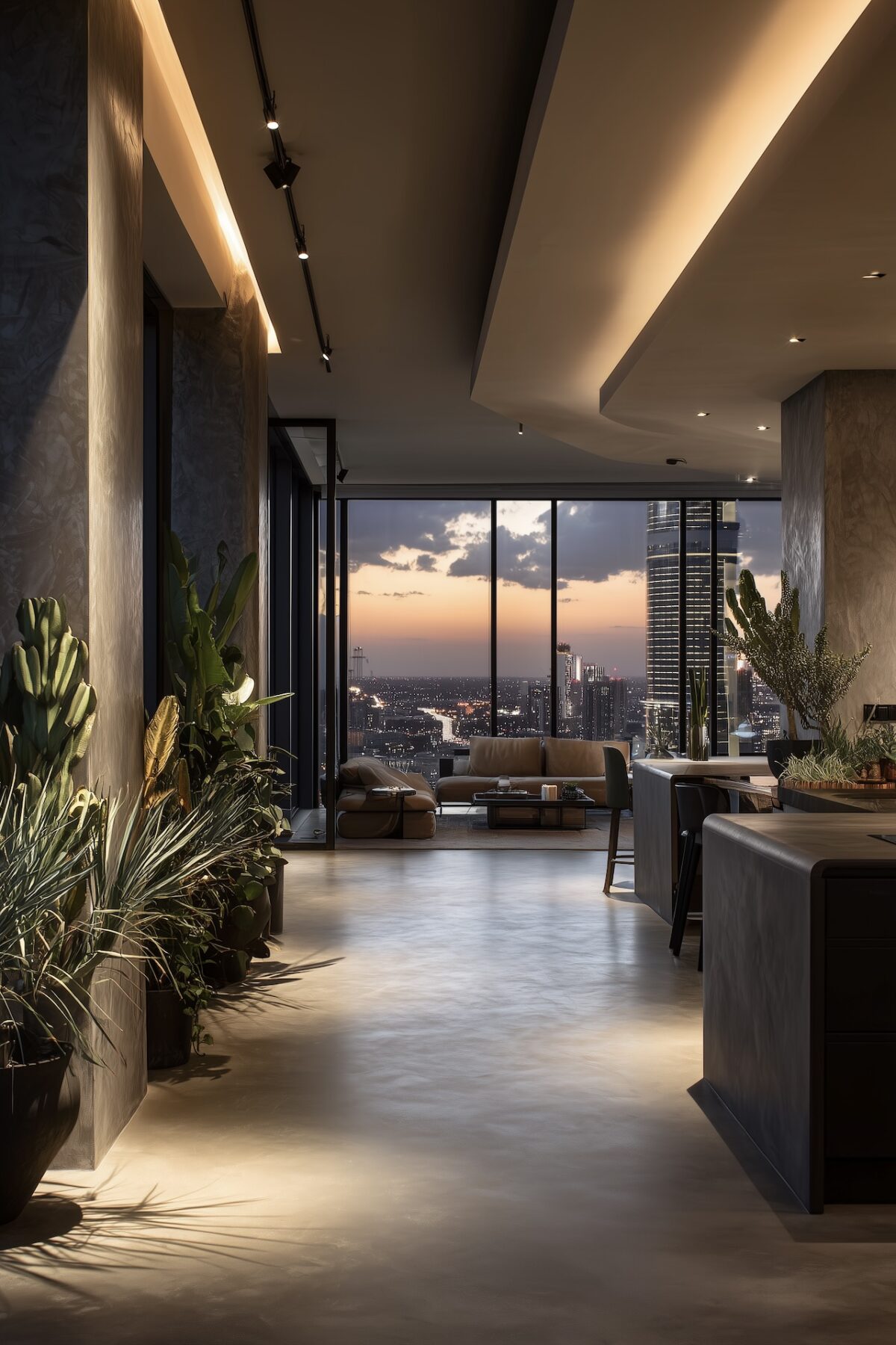 Appartement open space avec sol continu en microciment du salon à la cuisine, baies vitrées sur skyline urbain au coucher du soleil et éclairage architectural