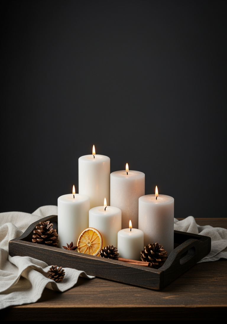 Arrangement de bougies de différentes tailles sur un plateau en bois avec des pommes de pin, créant une scène hivernale festive.