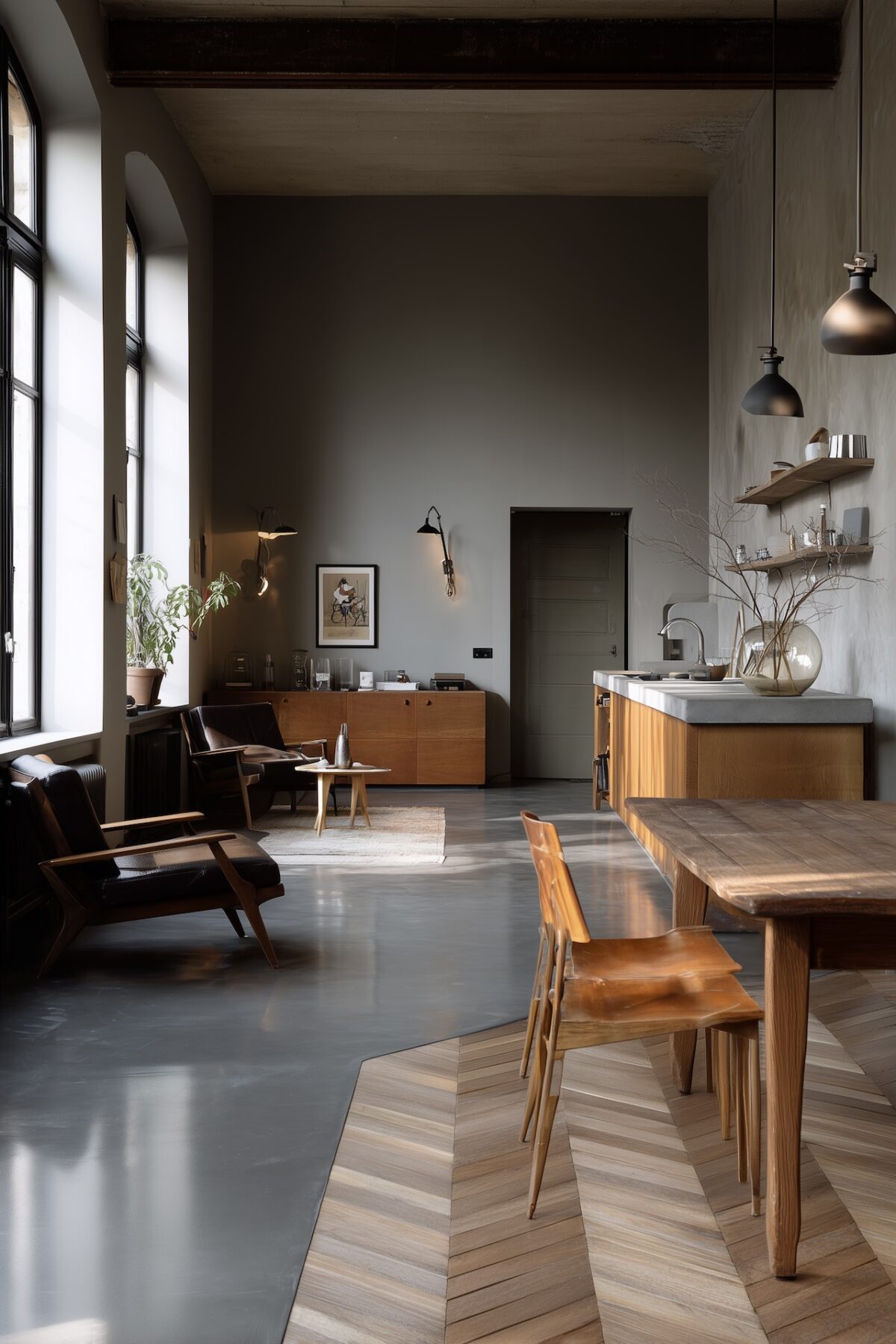 Loft style industriel avec sol en béton ciré gris anthracite jouxtant un parquet chevron, mobilier mid-century en bois et cuir, suspensions métal et hauts plafonds