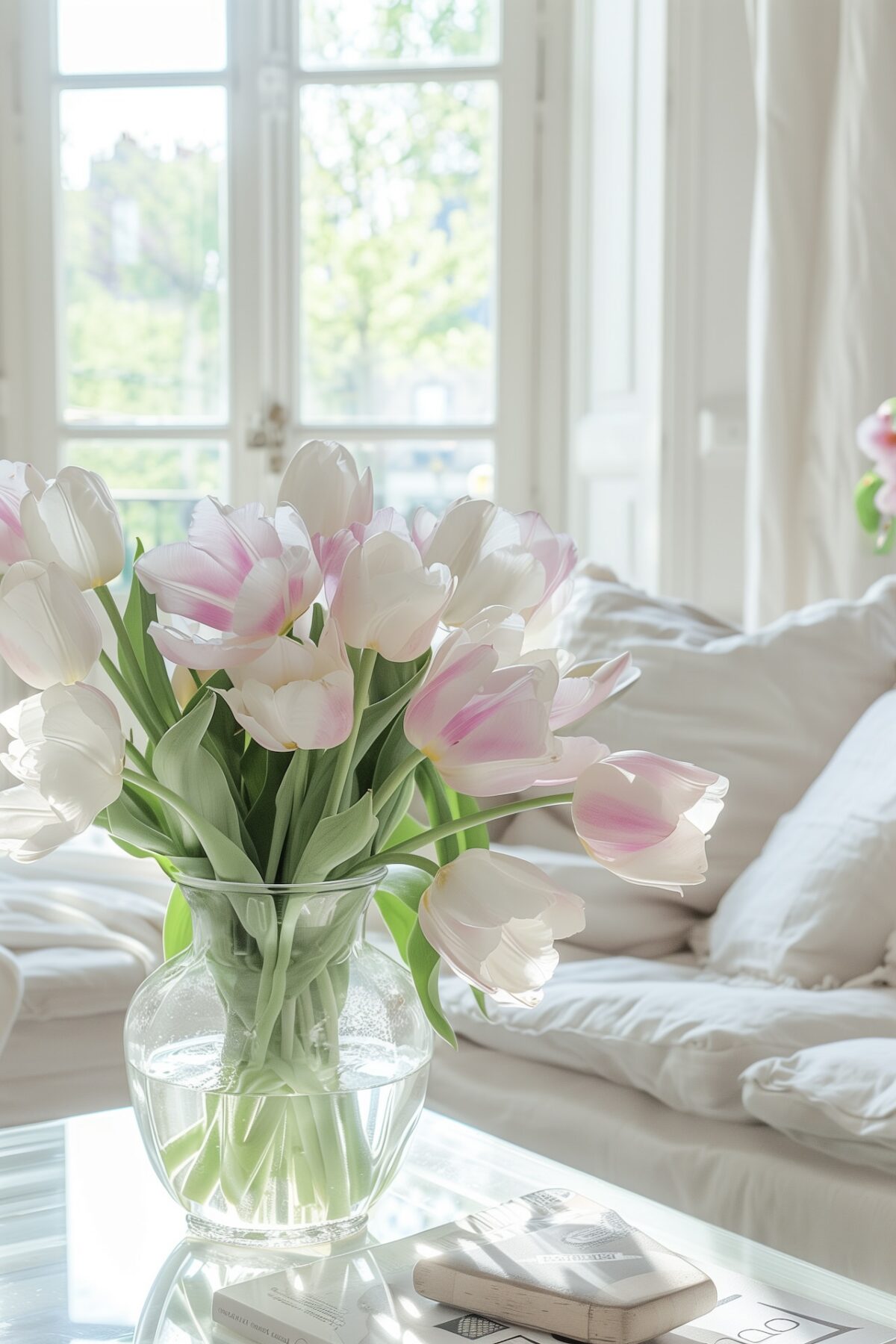 bouquet bicolore tulipes roses blanches vase lumineux décoration fraiche