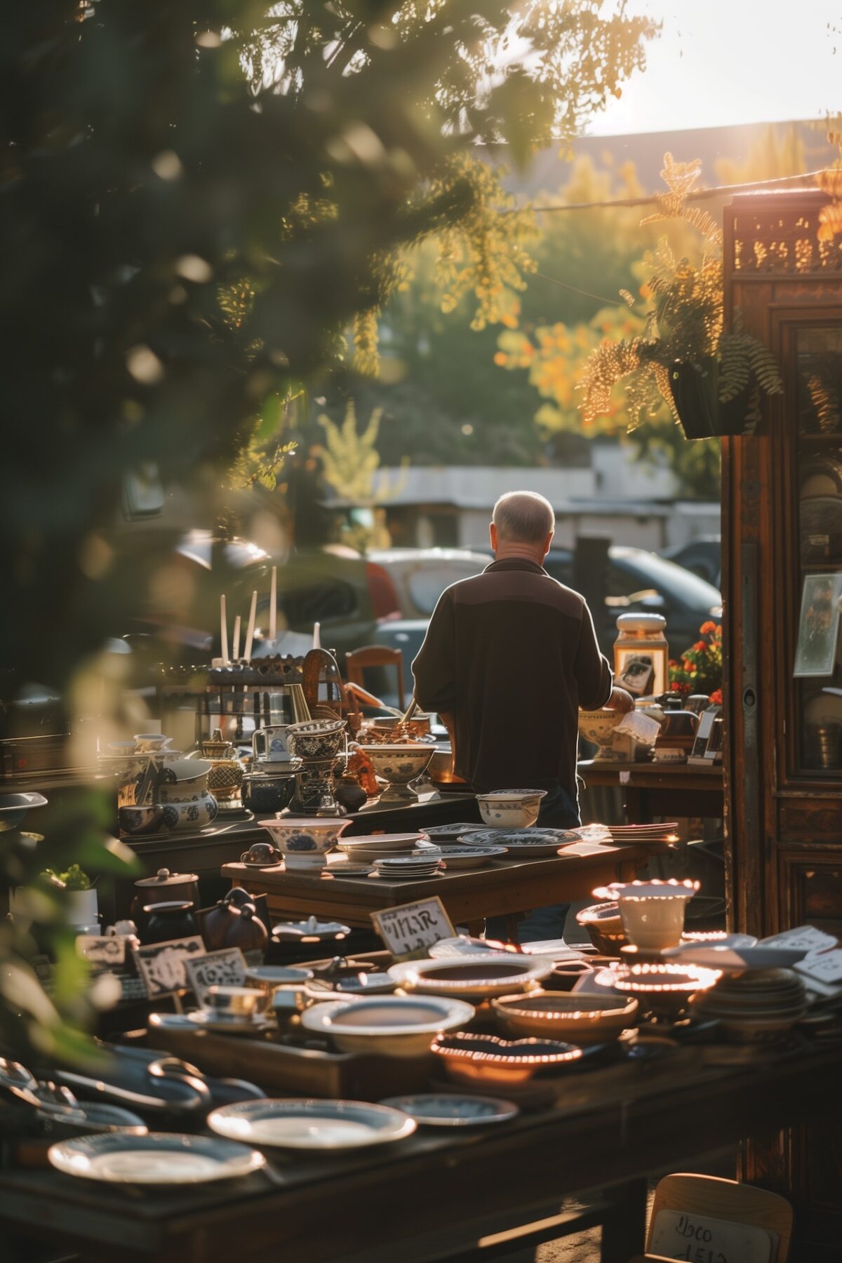 brocante marché objets vintage lumière dorée
