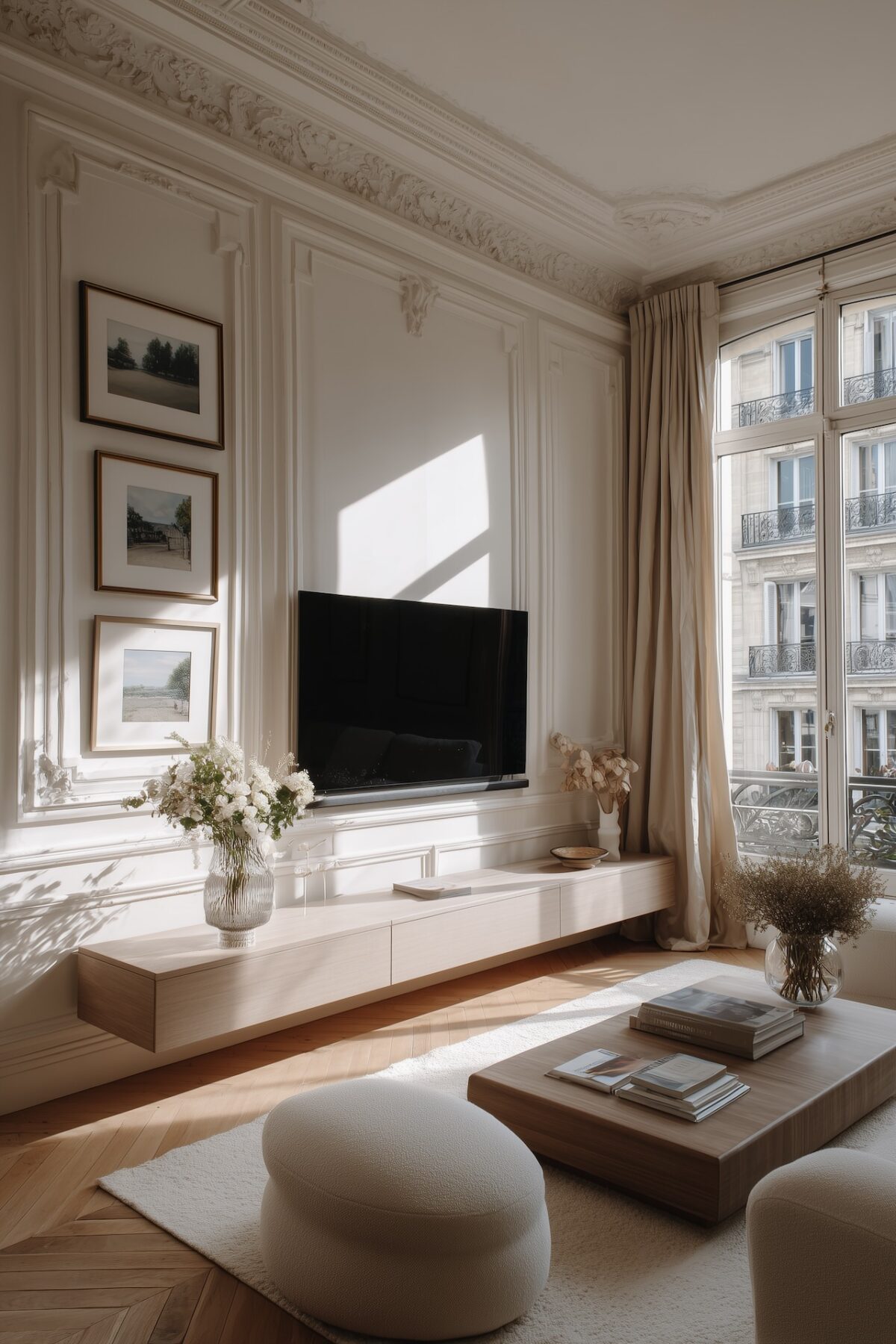 cacher fils tv salon parisien minimaliste
