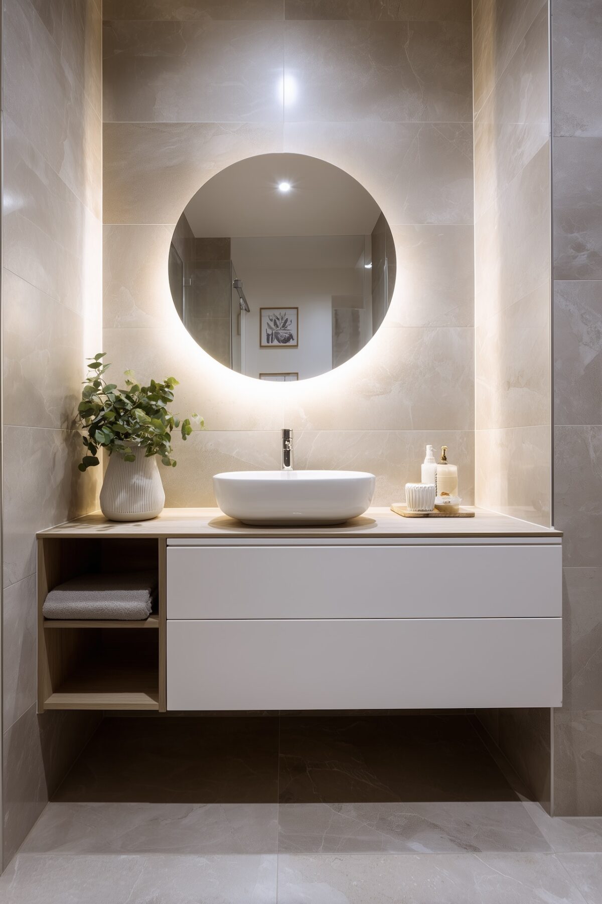 carrelage effet marbre beige lave-main suspendu miroir rond rétro éclairé