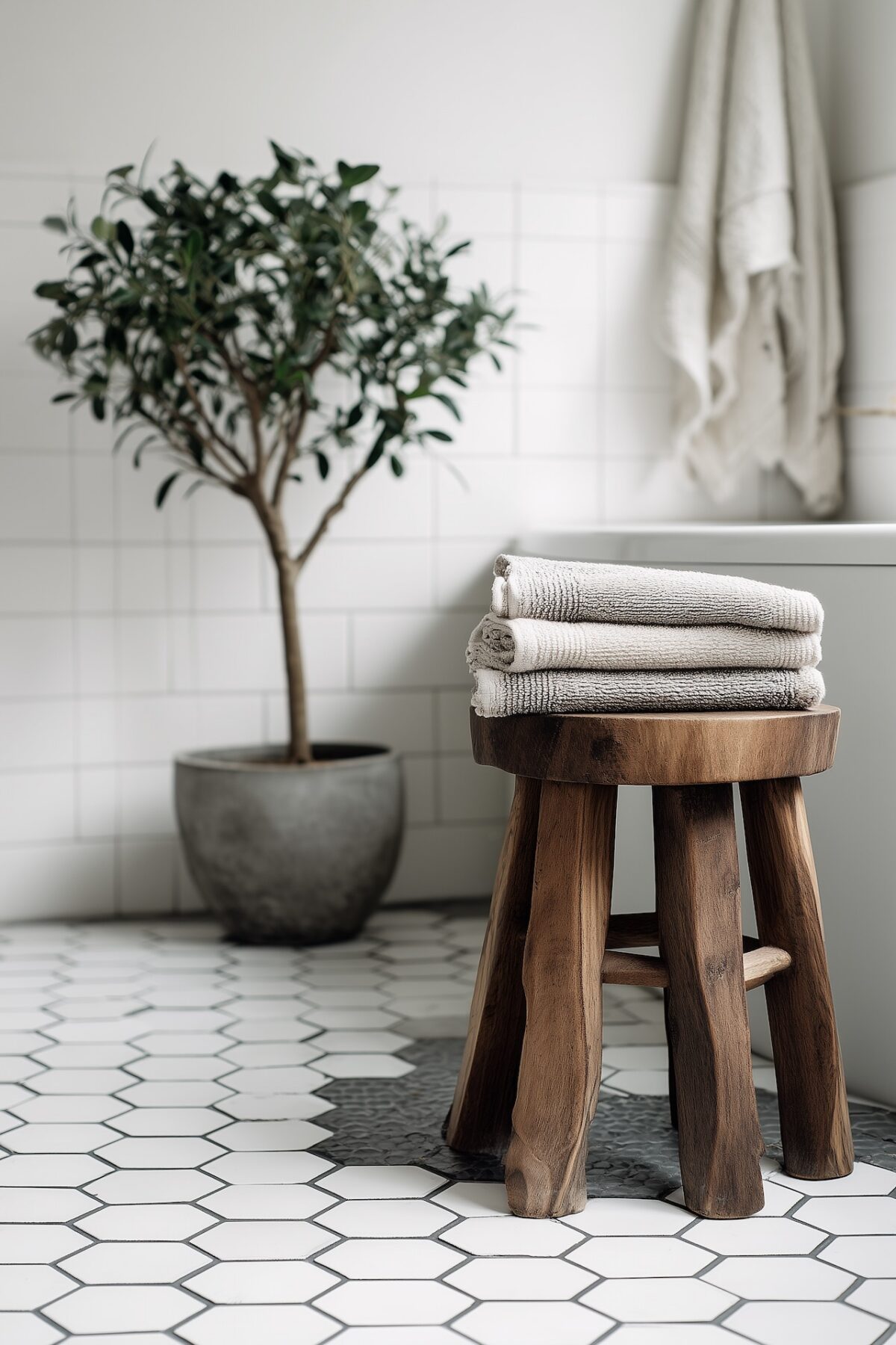 Carrelage hexagonal blanc au sol d'une salle de bain style scandinave avec tabouret en bois brut et plante verte