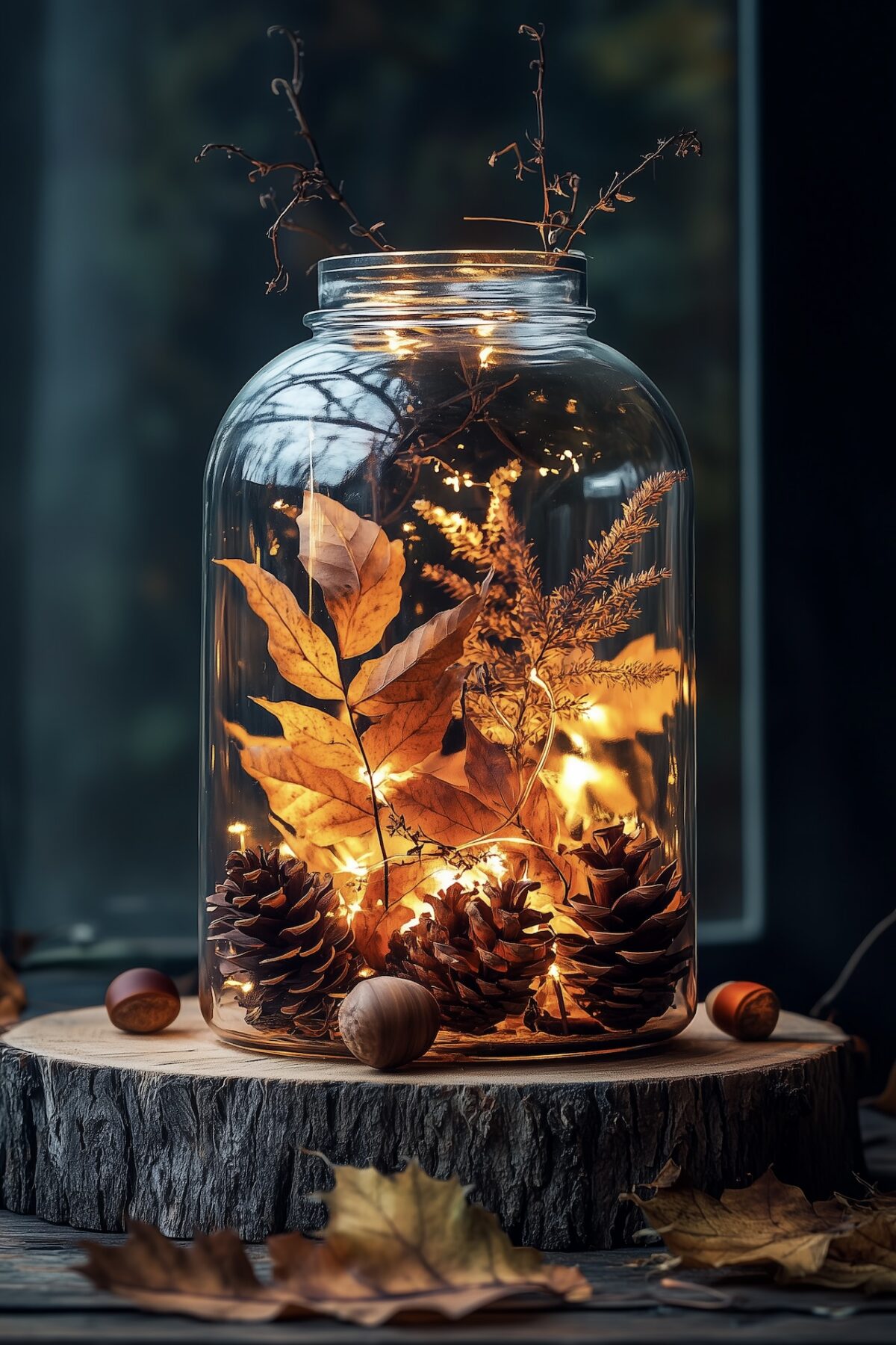 Centre de table DIY automne : grand bocal en verre posé sur une tranche de bois, rempli de feuilles orangées, pommes de pin et guirlande micro-LED, fond sombre