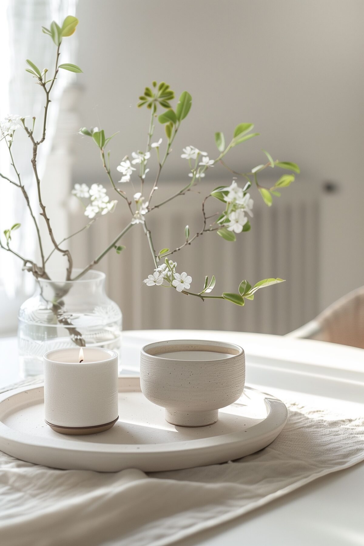 centre table printemps ikebana plateau déco plante bougie minimaliste