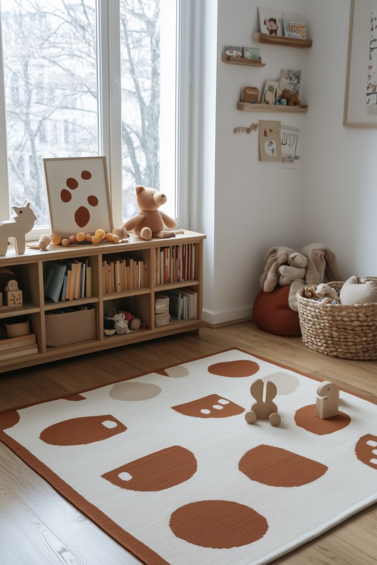 Chambre enfant ordonné avec tapis lavable graphique blanc et terracotta, bibliothèque basse en bois et paniers en jonc de mer pour le rangement des jouets