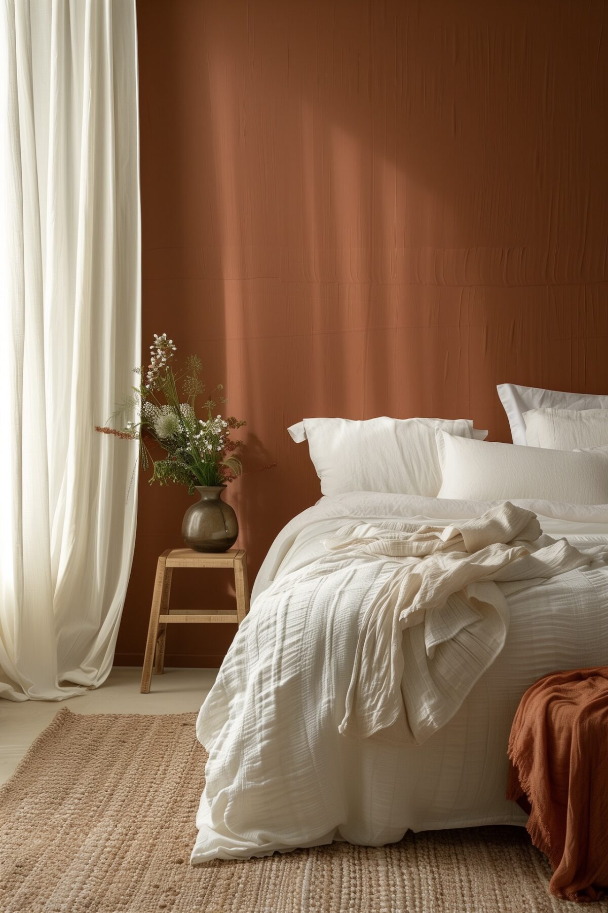 chambre mur accent terracotta literie blanche déco naturelle
