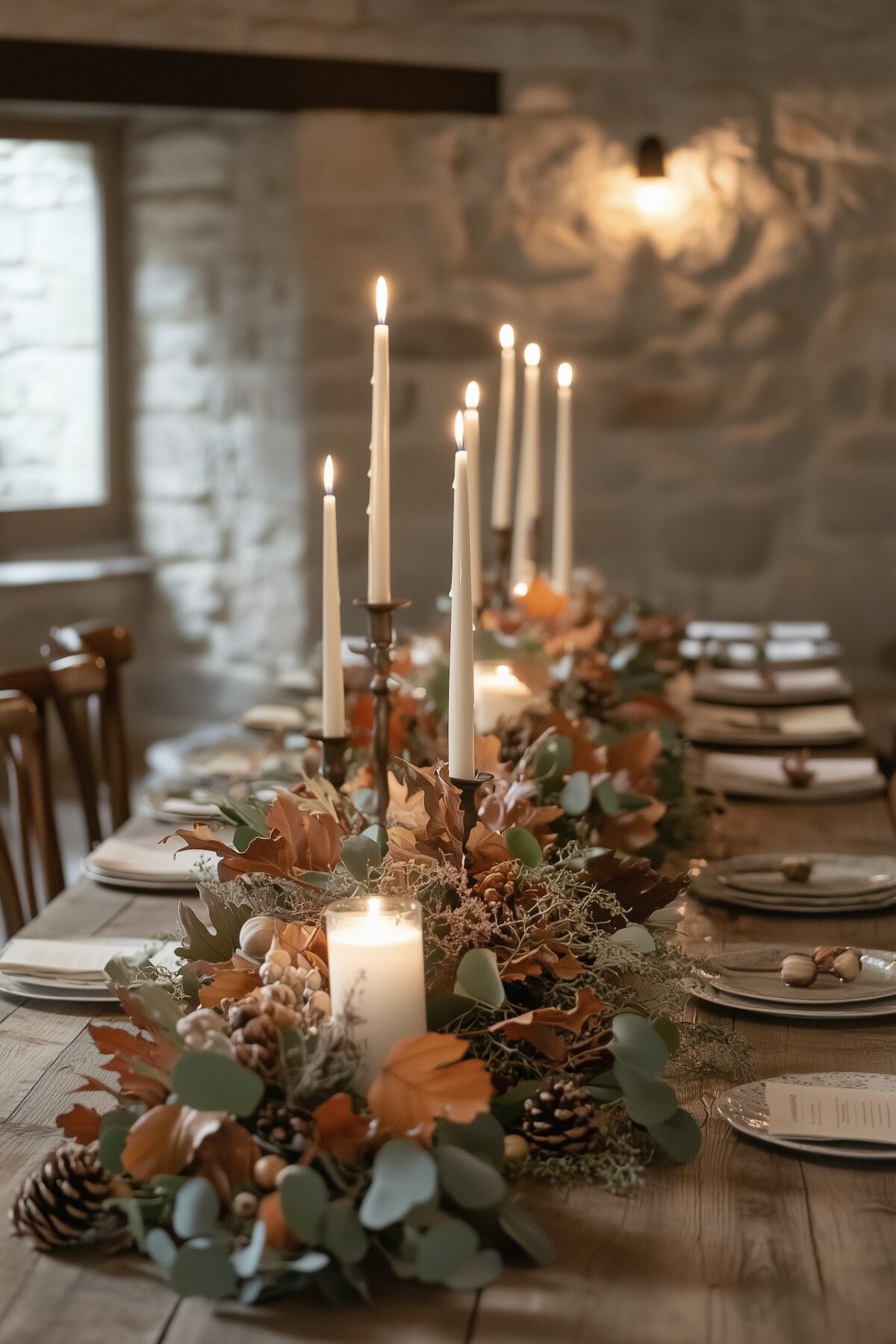 Chemin de table automnal sur grande table en bois, composition de feuilles de chêne orangées, eucalyptus, pommes de pin et bougies fines sur chandeliers en fer forgé, salle à manger en pierre