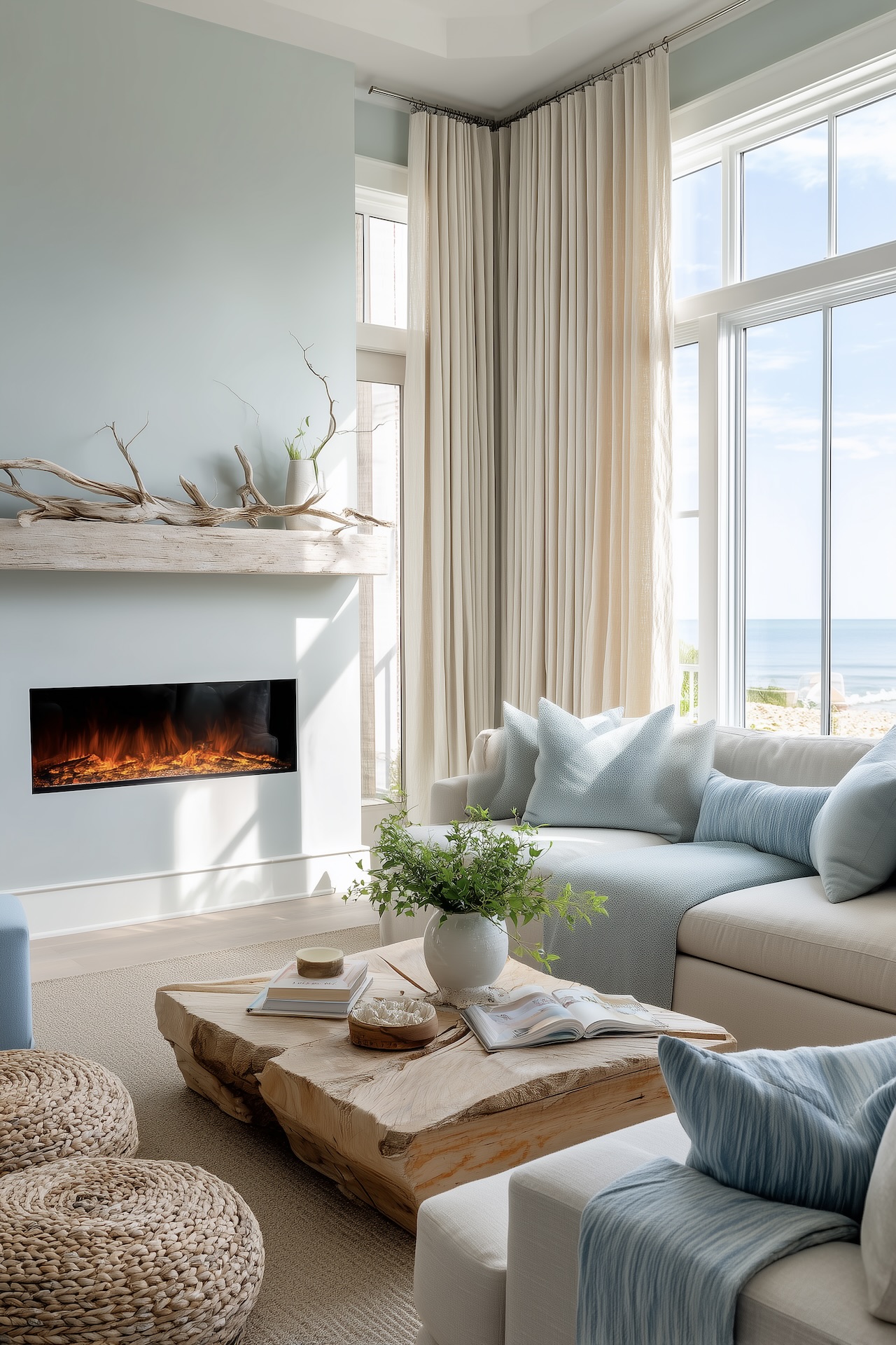 cheminée électrique déco encastrée salon bord de mer