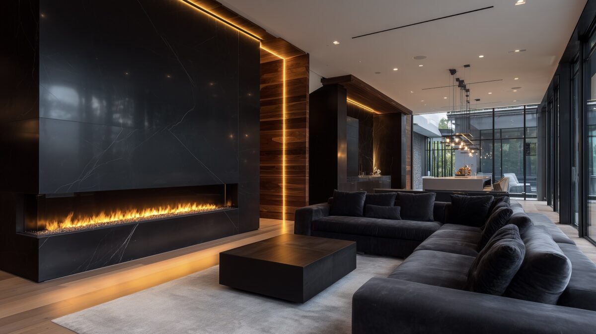 cheminée électrique déco trompe oeil salon noir moderne