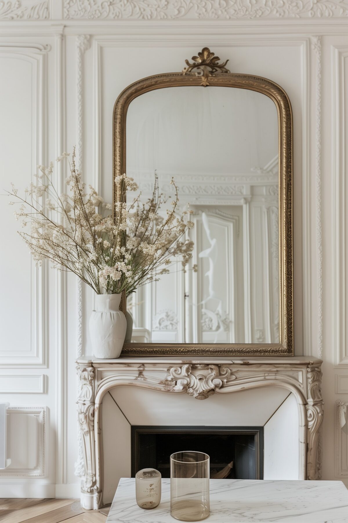 Cheminée haussmannienne en marbre avec grand miroir doré et moulures élégantes, décoration raffinée et lumineuse dans un appartement parisien