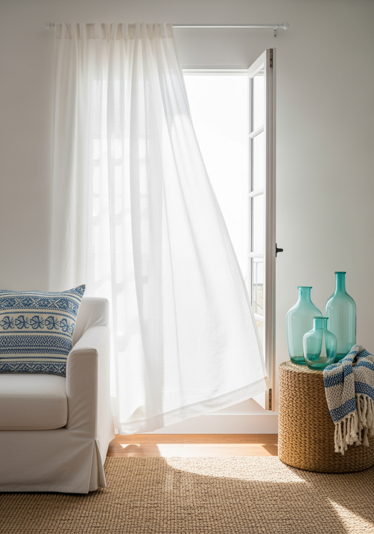 Coin de salon lumineux avec des rideaux flottants et des accessoires de couleur verre de mer, créant une ambiance estivale.