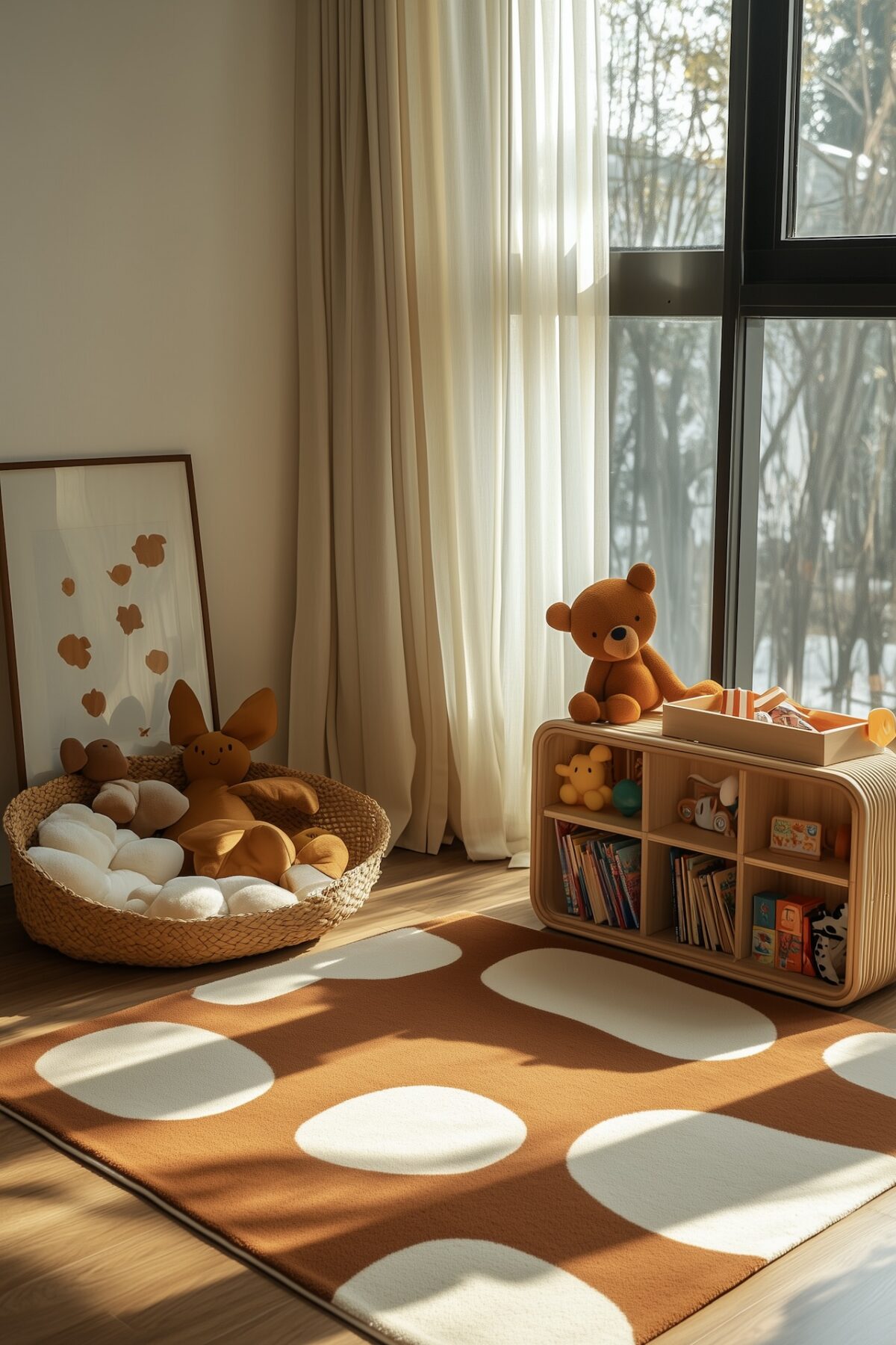 Coin jeu enfant lumineux avec tapis terracotta à grands pois blancs, panier en osier rempli de peluches et petite bibliothèque en bois arrondie