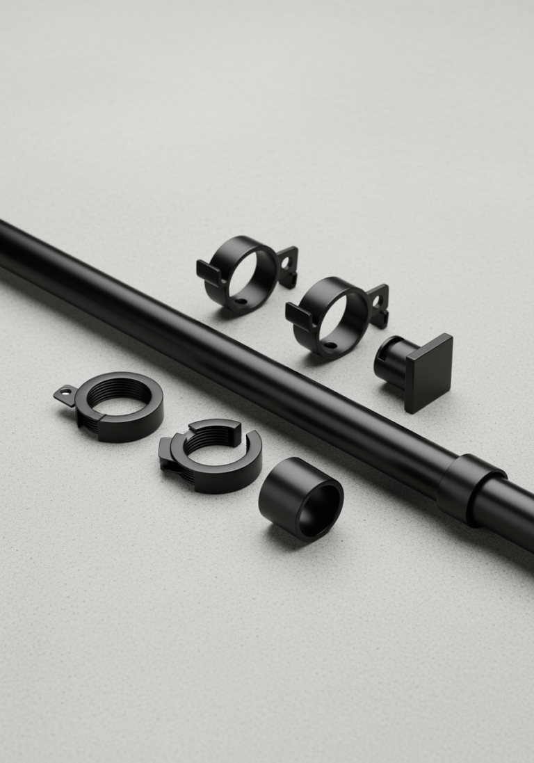 Composition épurée d'une tringle à rideau en métal noir et de ses supports, prêts pour l'installation sur un fond gris.