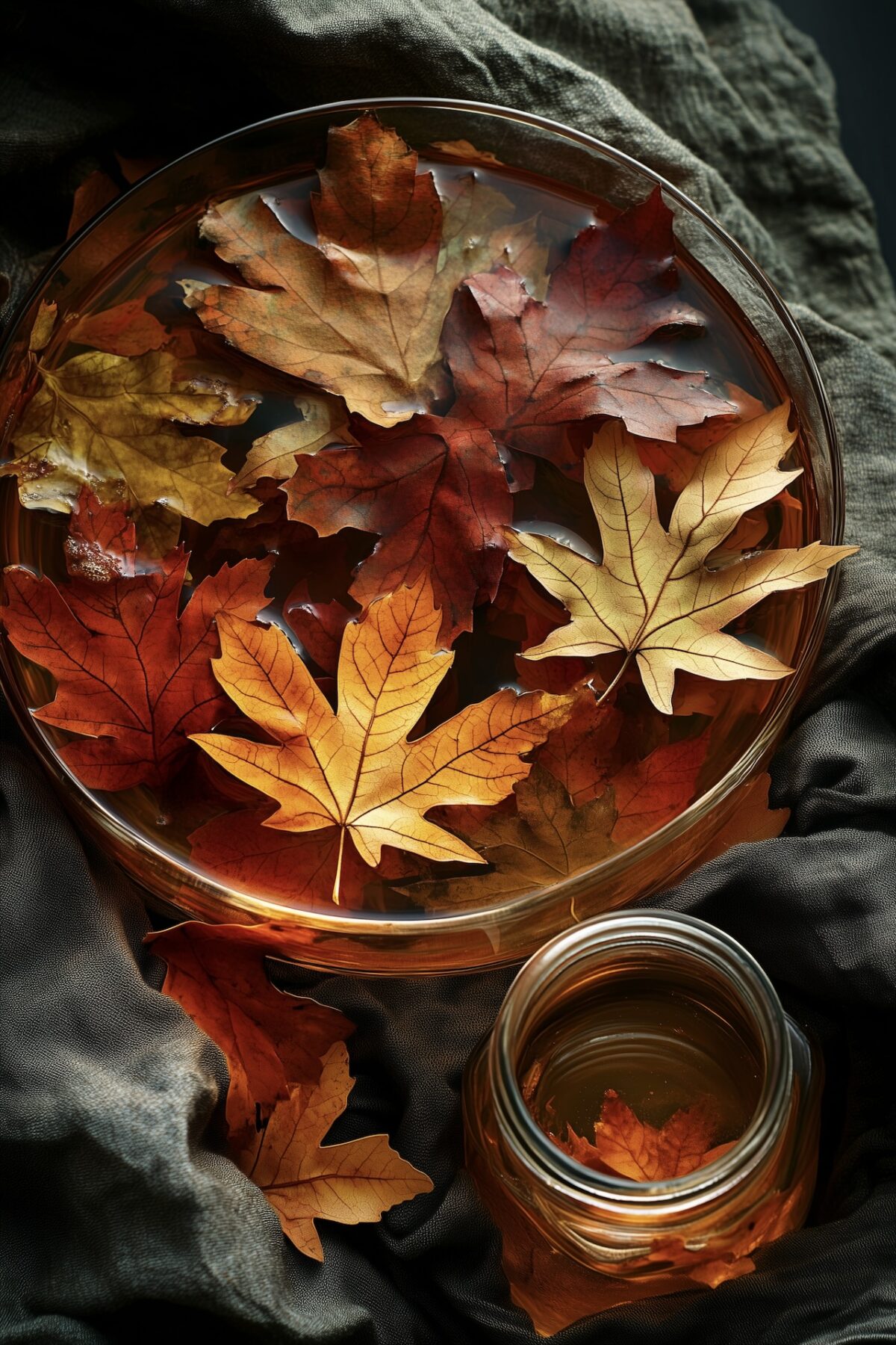Feuilles d'érable d'automne en rouge, rouille et or conservées dans un bain de glycérine dans un grand bol en verre, petit pot de glycérine à côté, tissu de lin gris en arrière-plan