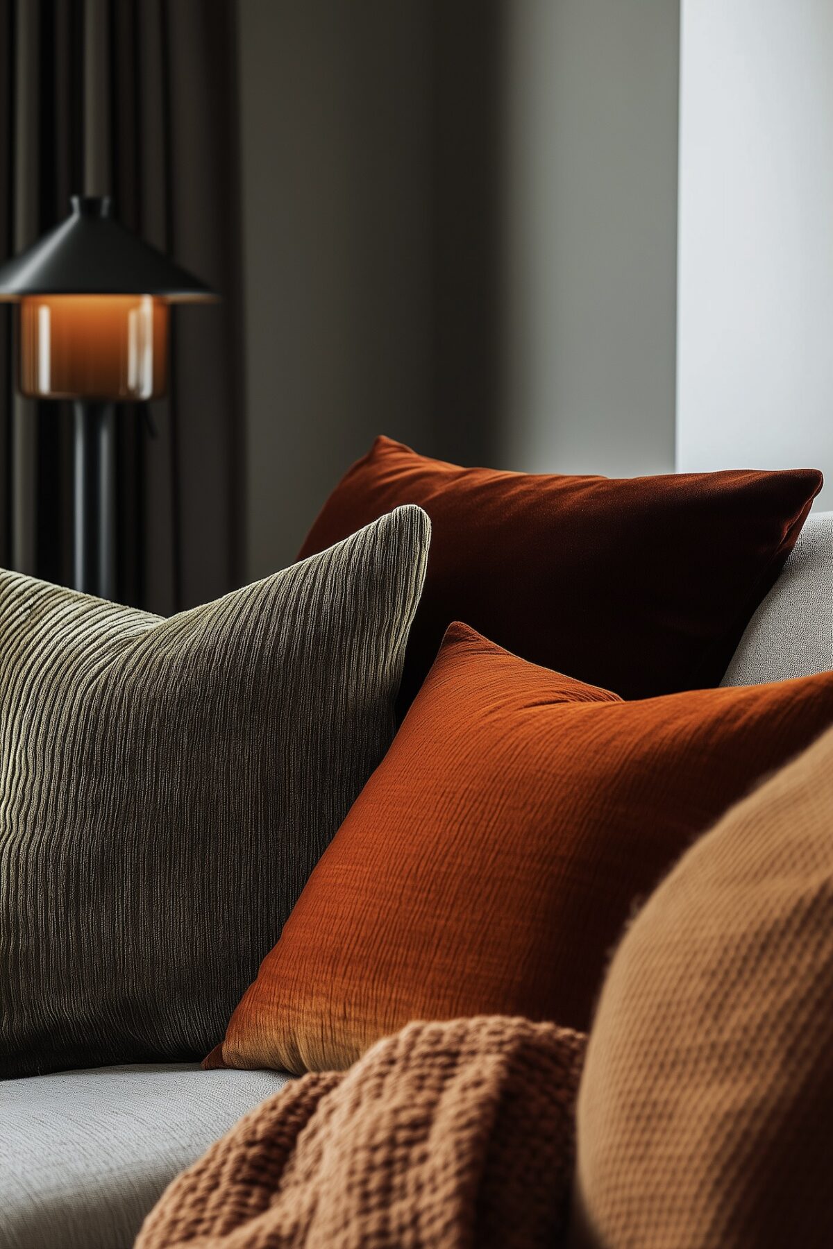 Gros plan de coussins superposés en velours rouille, terracotta et côtelé vert sauge sur un canapé gris, avec un plaid bouclé caramel et une lampe de sol noire en arrière-plan