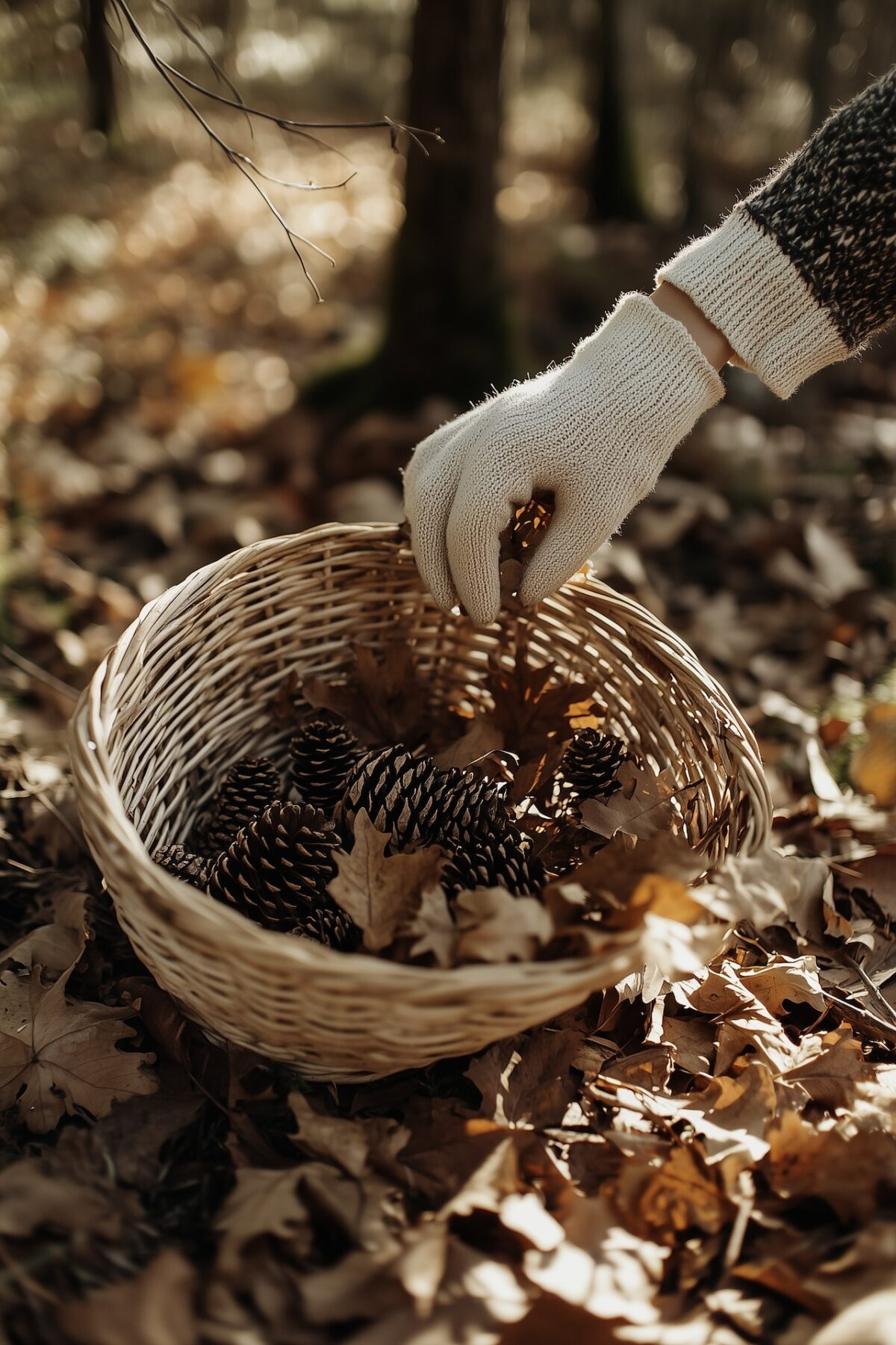 cueillette automne responsable foret panier osier pommes pin feuilles gants
