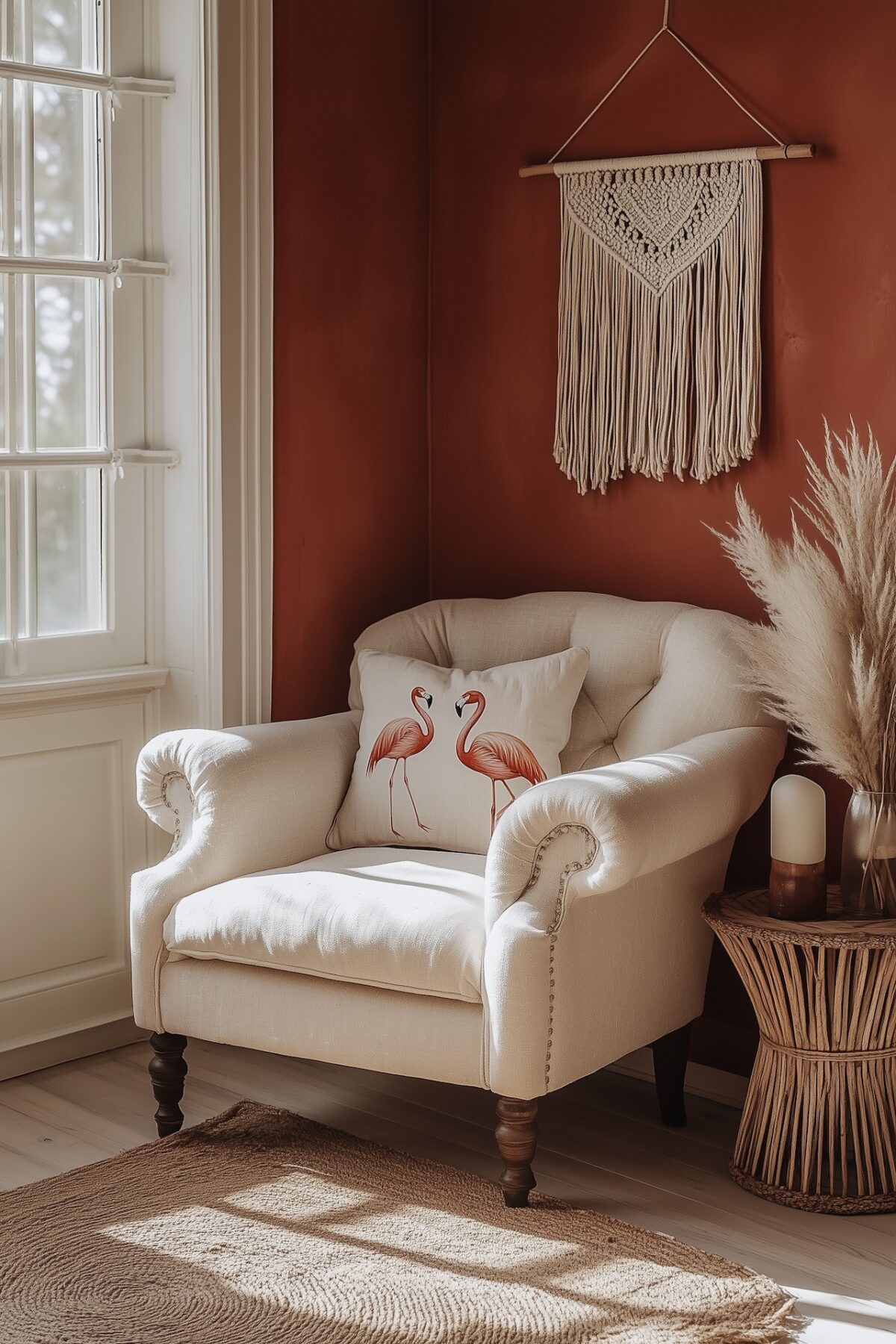 déco flamant rose bohème mur rouge brique