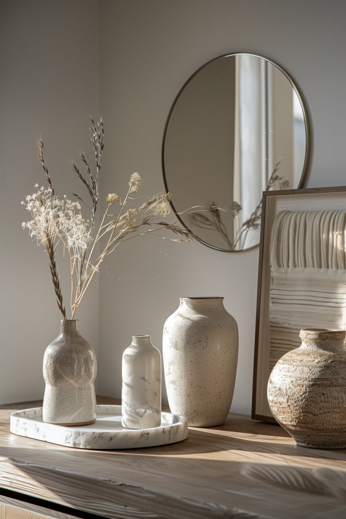 déco minimaliste vases céramique fleurs séchées miroir