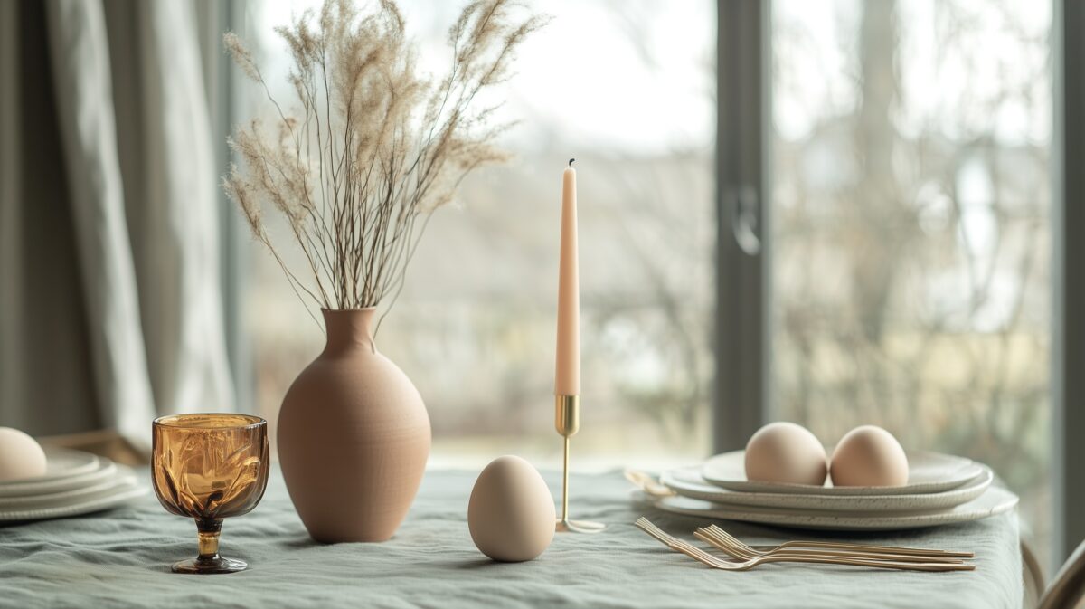 déco de Pâques originale table minimaliste vase terre oeufs lin