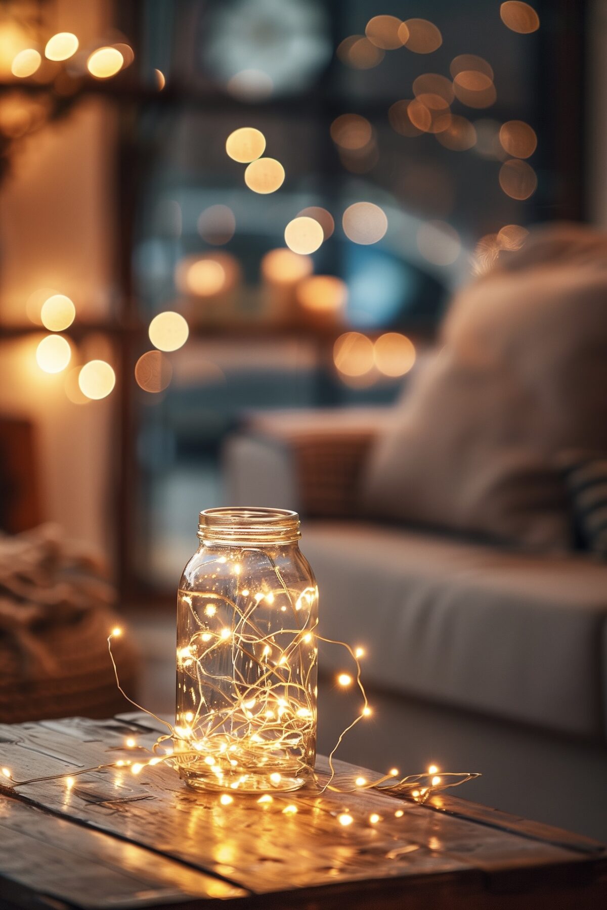 bocal en verre avec guirlande lumineuse led creant une ambiance chaleureuse et cosy dans un salon en soiree, idée deco hiver facile et économique