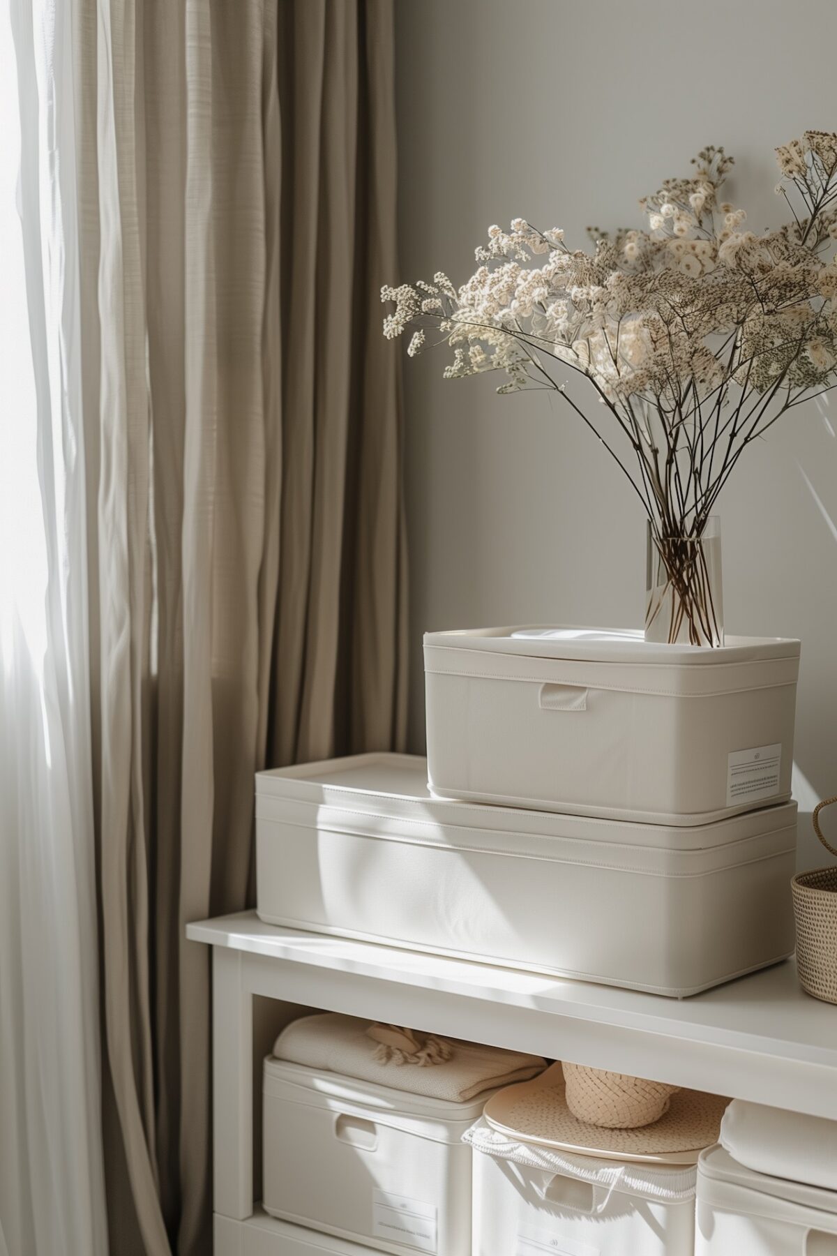 boites de rangement organisees pour decoration saisonniere dans un intérieur minimaliste, solution pratique et esthétique