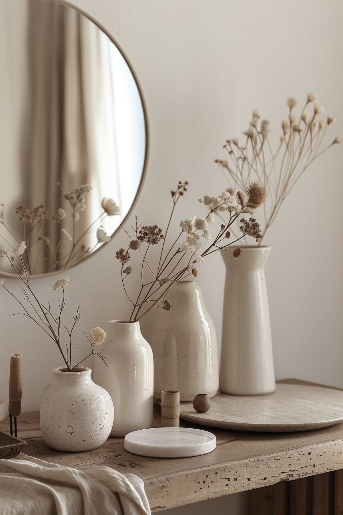déco saisonnière rapide vases neutres fleurs séchées style minimaliste