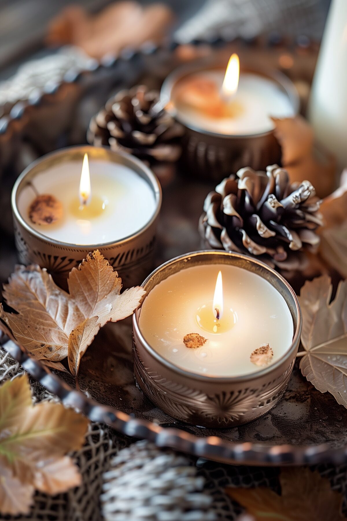 bougies décoratives avec feuilles séchées et pommes de pin sur un plateau, ambiance automnale cosy et chaleureuse