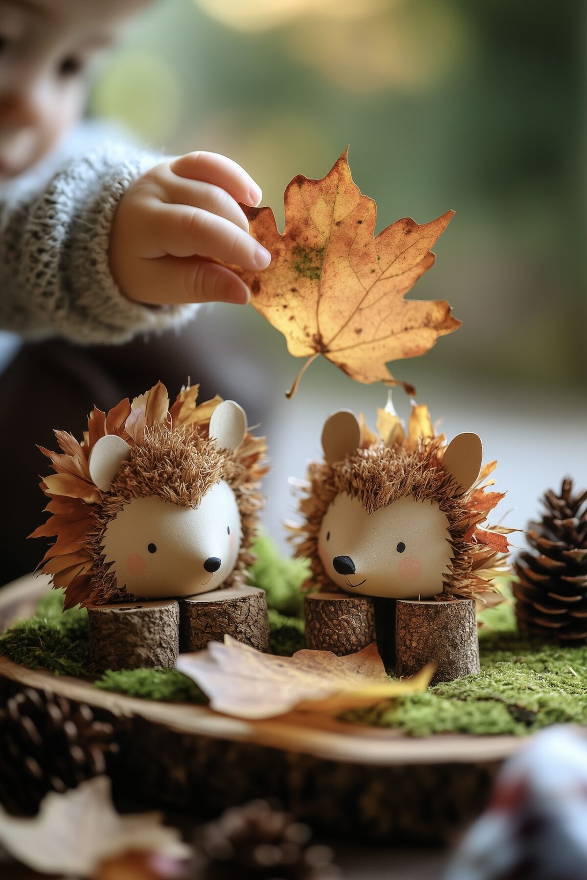 Activité manuelle automne en famille : deux petits hérissons DIY décorés de feuilles séchées posés sur un plateau en bois recouvert de mousse verte, main d'enfant tenant une feuille d'érable