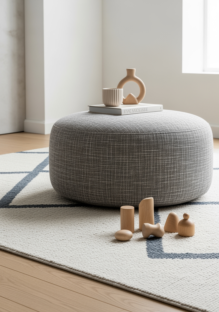 Détail d'un mobilier 'kid-proof' avec un pouf rond et doux servant de table basse, alliant sécurité pour les enfants et design.
