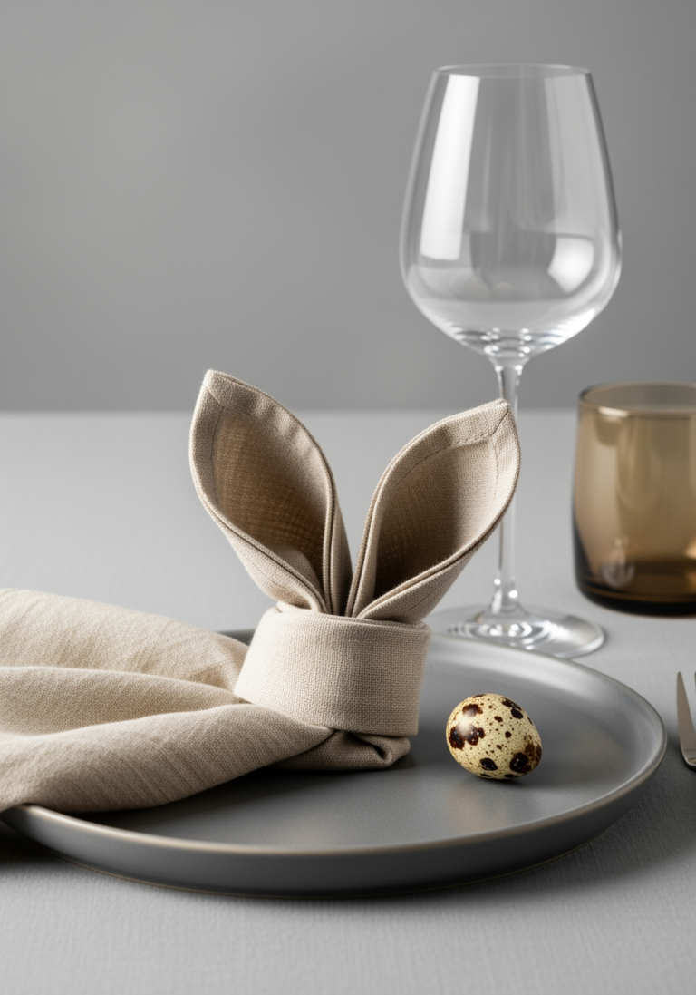 Détail d'une table de Pâques : une serviette en lin pliée en forme d'oreilles de lapin sur une assiette en céramique grise.