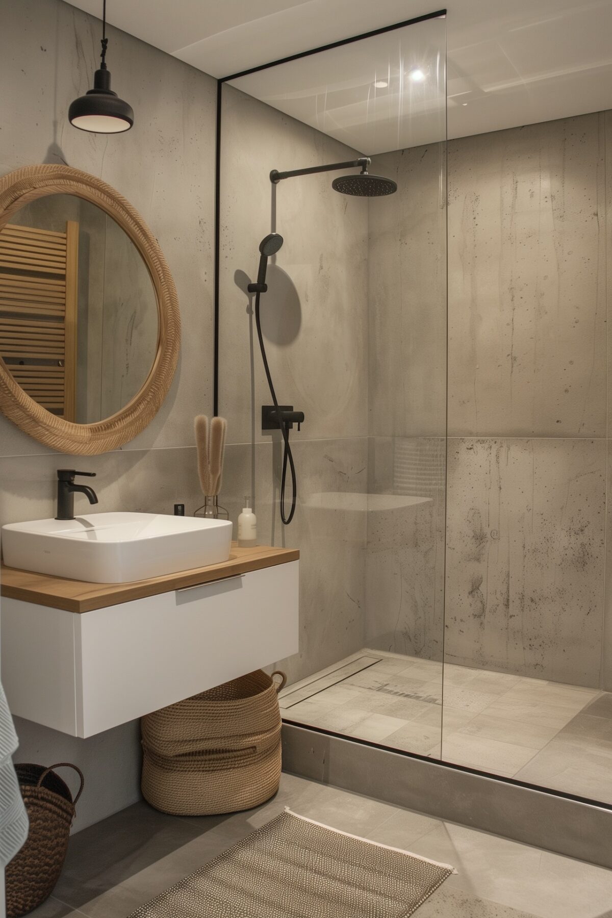 relooker petite salle de bain budget moderne avec revêtement effet béton, douche à l'italienne et robinetterie noire mate, miroir rond à cadre en rotin, meuble vasque blanc et bois, paniers en jonc