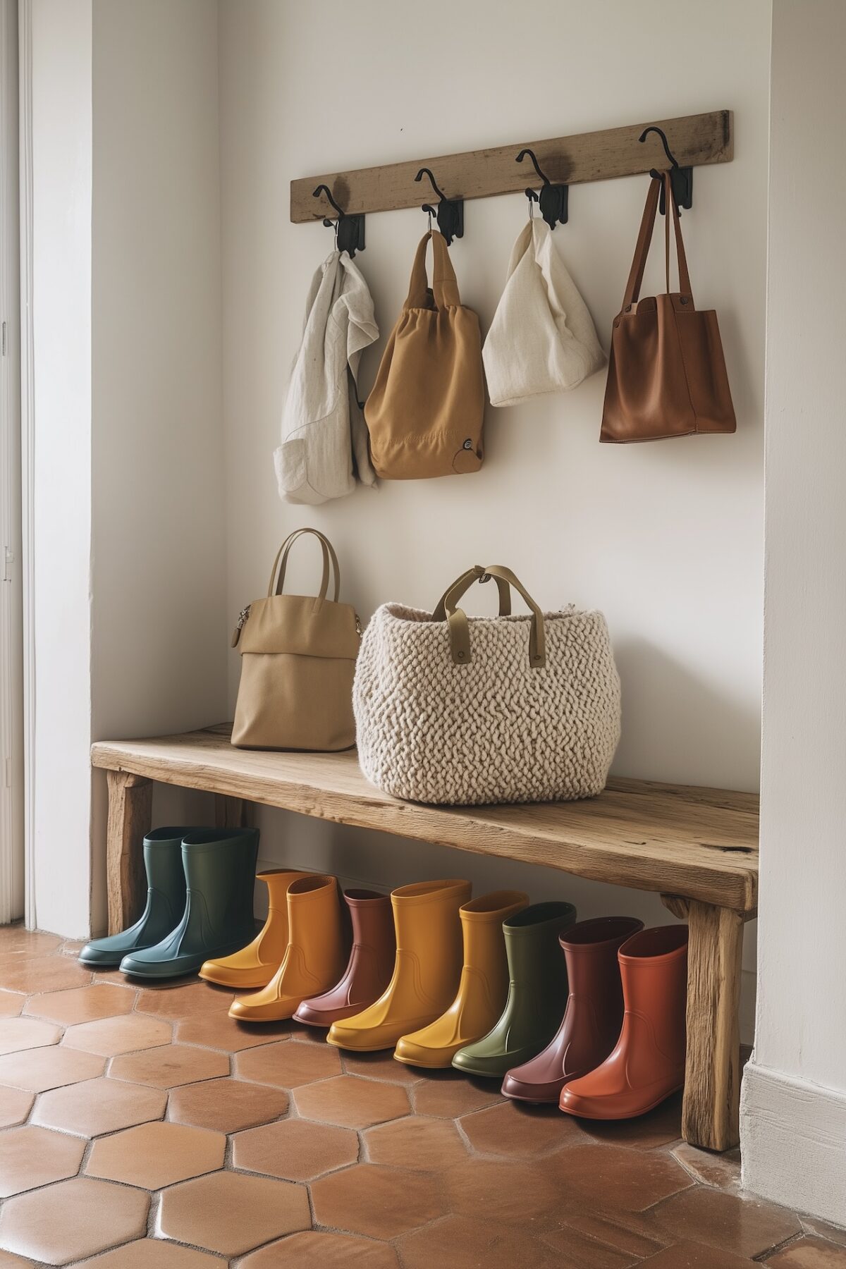 Entrée familiale avec banc en bois brut, bottes colorées alignées en dessous et sacs suspendus à des crochets muraux, sol en tomettes terracotta