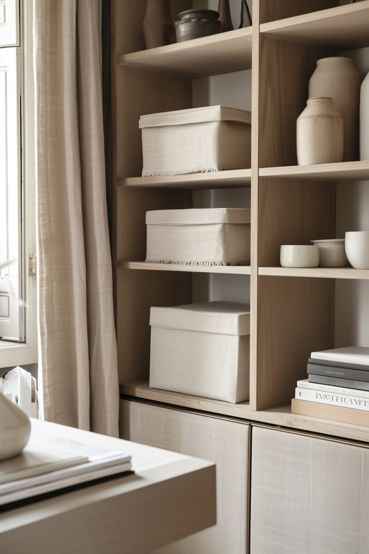 Étagère en bois avec boîtes de rangement en tissu beige, objets décoratifs et ambiance minimaliste naturelle dans un intérieur lumineux
