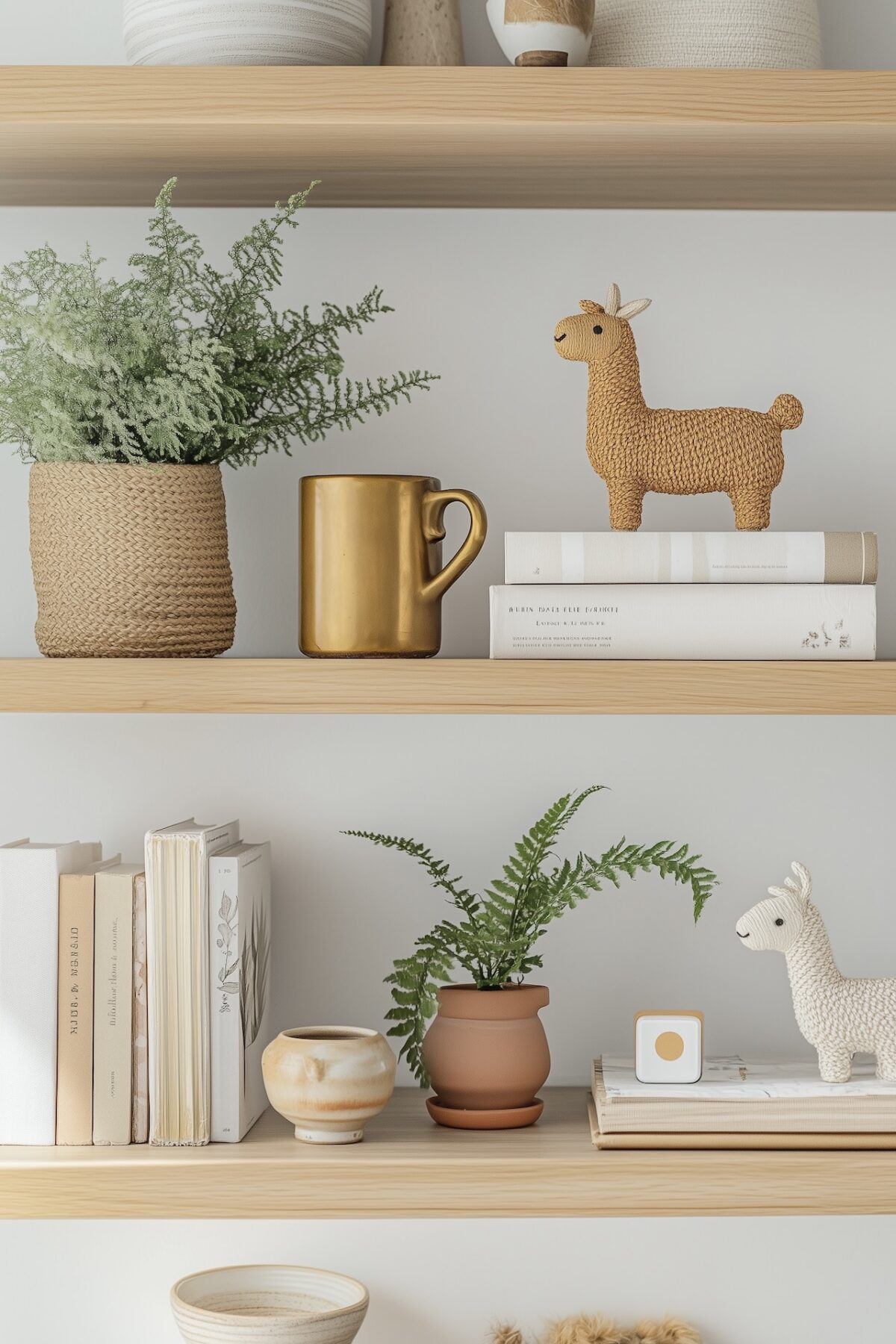 Étagères ouvertes en bois clair avec une sélection d'objets déco lama : figurine en raphia tressé sur la première étagère, mug doré, plante en pot tressé, figurine lama en céramique blanche sur la seconde étagère avec livres, fougère en pot terracotta et petit vase artisanal