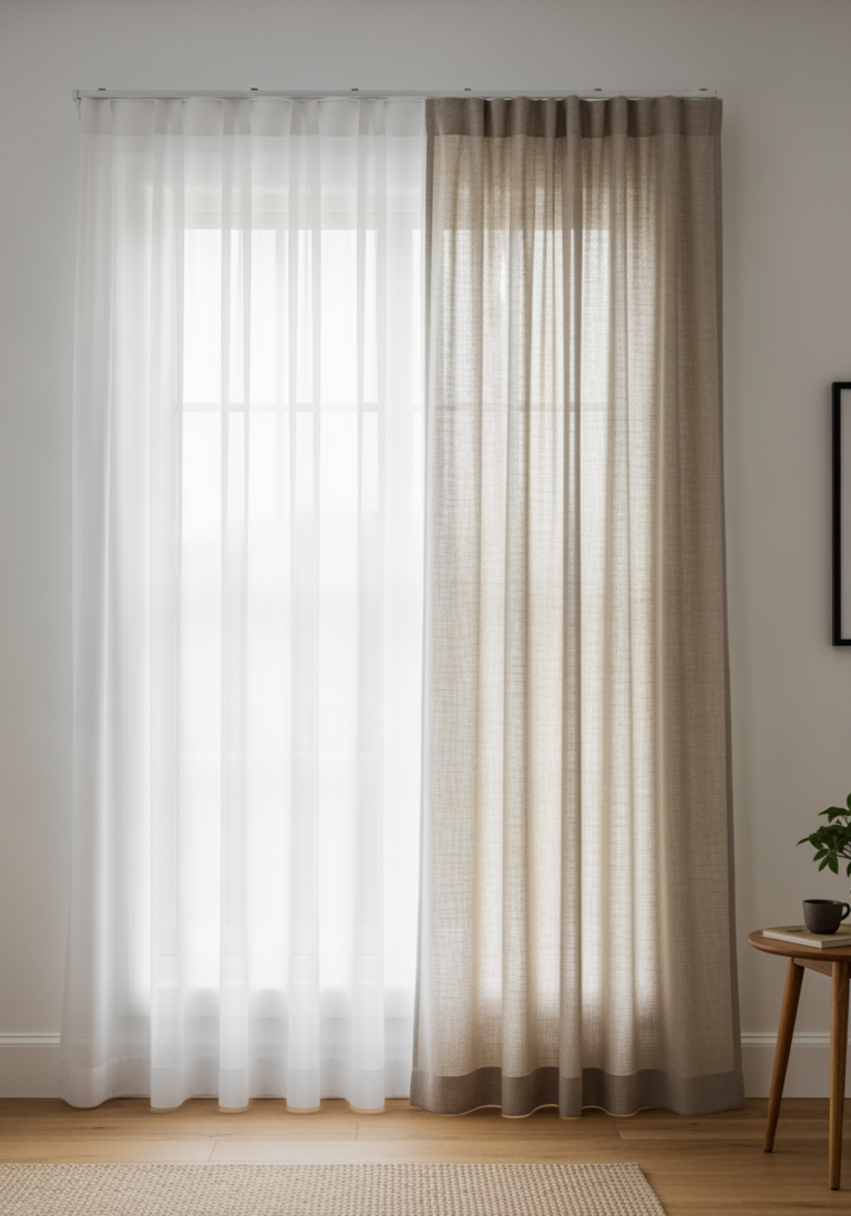 Fenêtre avec une double tringle montrant une couche de voilage transparent et une couche de rideau en lin beige pour l'intimité.