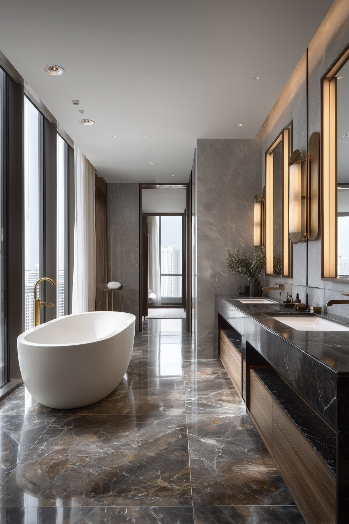 Grande salle de bain de luxe avec dalles XXL en marbre gris poli au sol, baignoire îlot blanche et double vasque encastrée, style suite hôtelière