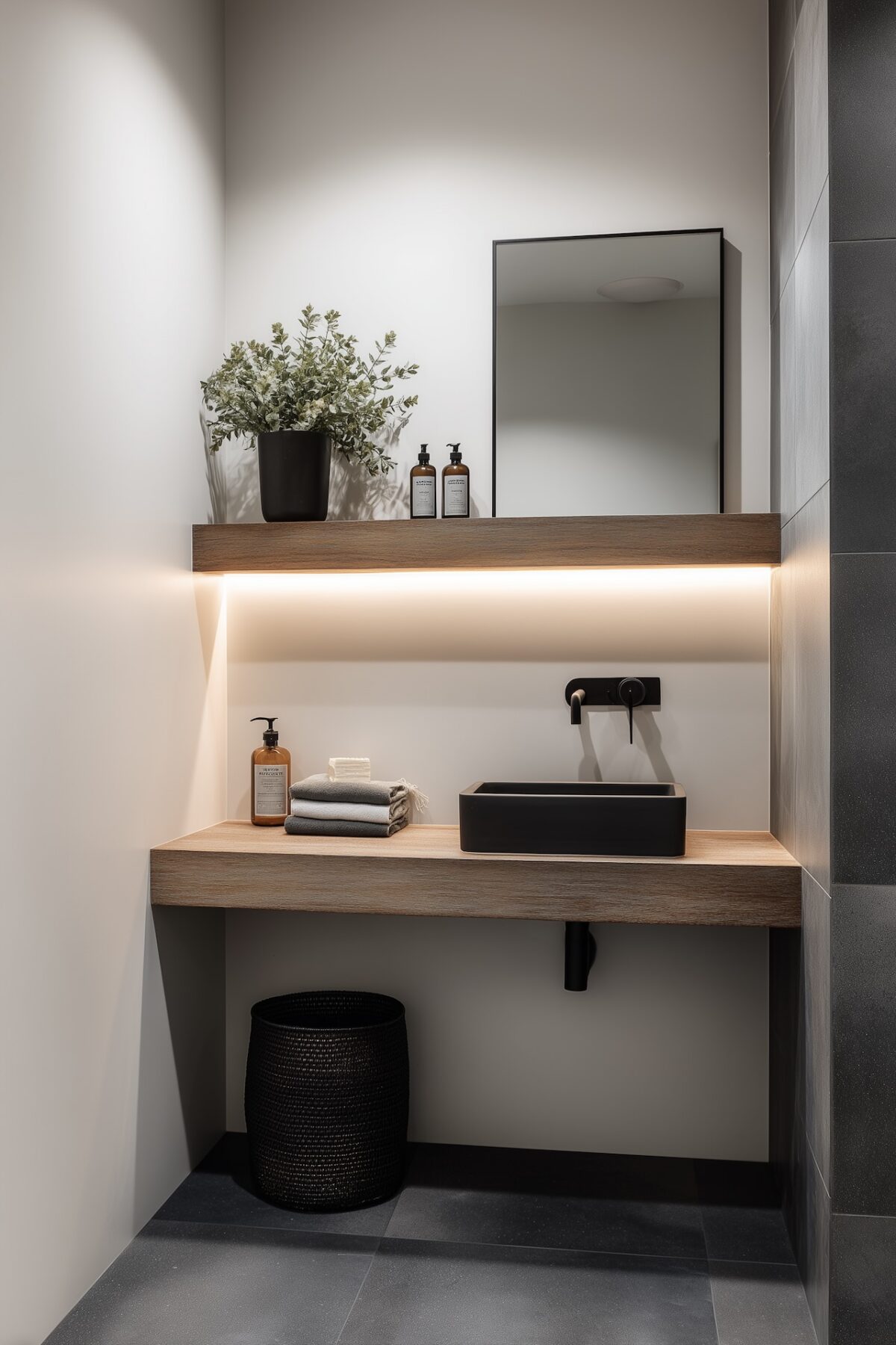 grès cérame effet béton anthracite salle de bains moderne vasque noire