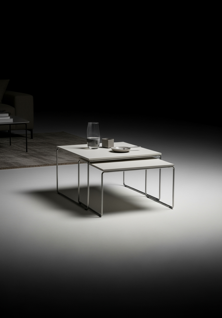 Gros plan sur des tables basses gigognes modernes, un exemple de mobilier intelligent et gain de place pour un petit salon.