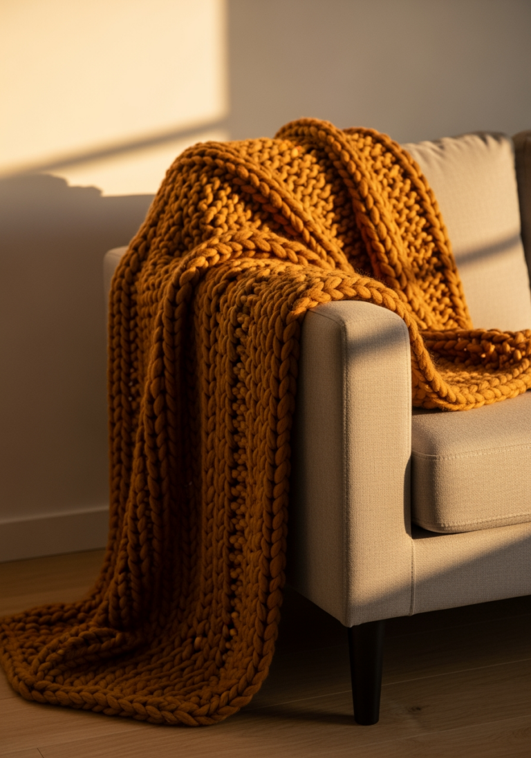 Gros plan sur la texture d'un plaid en tricot épais de couleur ocre, évoquant une atmosphère automnale chaleureuse et cocon.