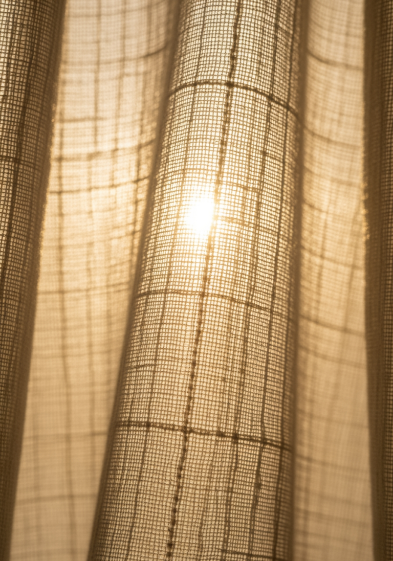 Gros plan sur la texture d'un tissu de voilage en gaze de coton, avec la lumière du soleil qui le traverse et en révèle le tissage.